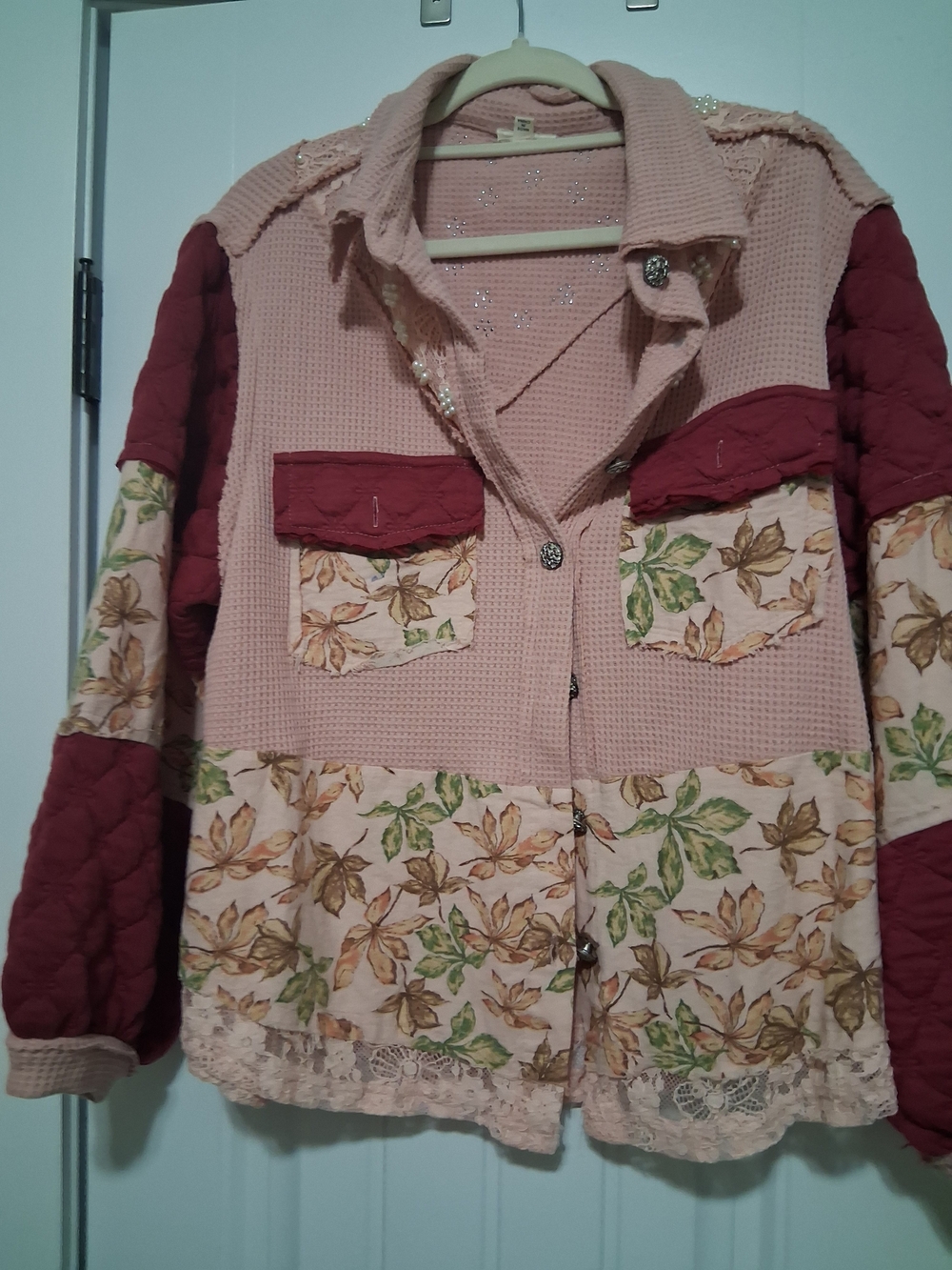 POL Patchwork Floral & Quilted Jean Jacket in Pink & Burgundy